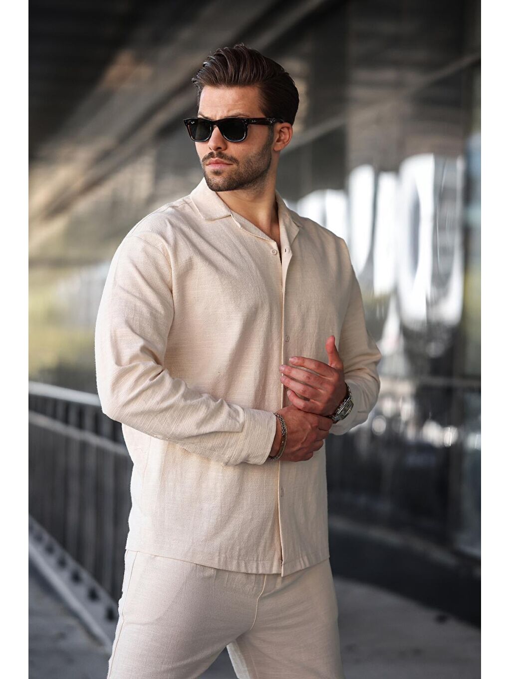 Bej Rahat Kesim Erkek Keten Gömlek Pantolon %100 Pamuk Takım E7327-3