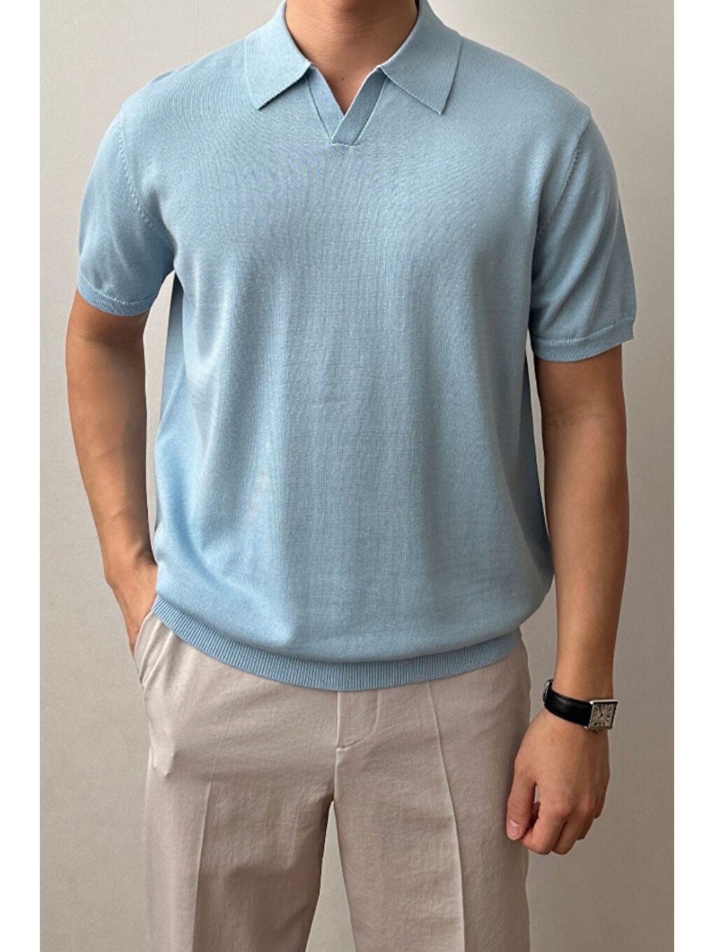 Erkek Mavi Patlı Kısa Kollu Polo Yaka Triko Tişört