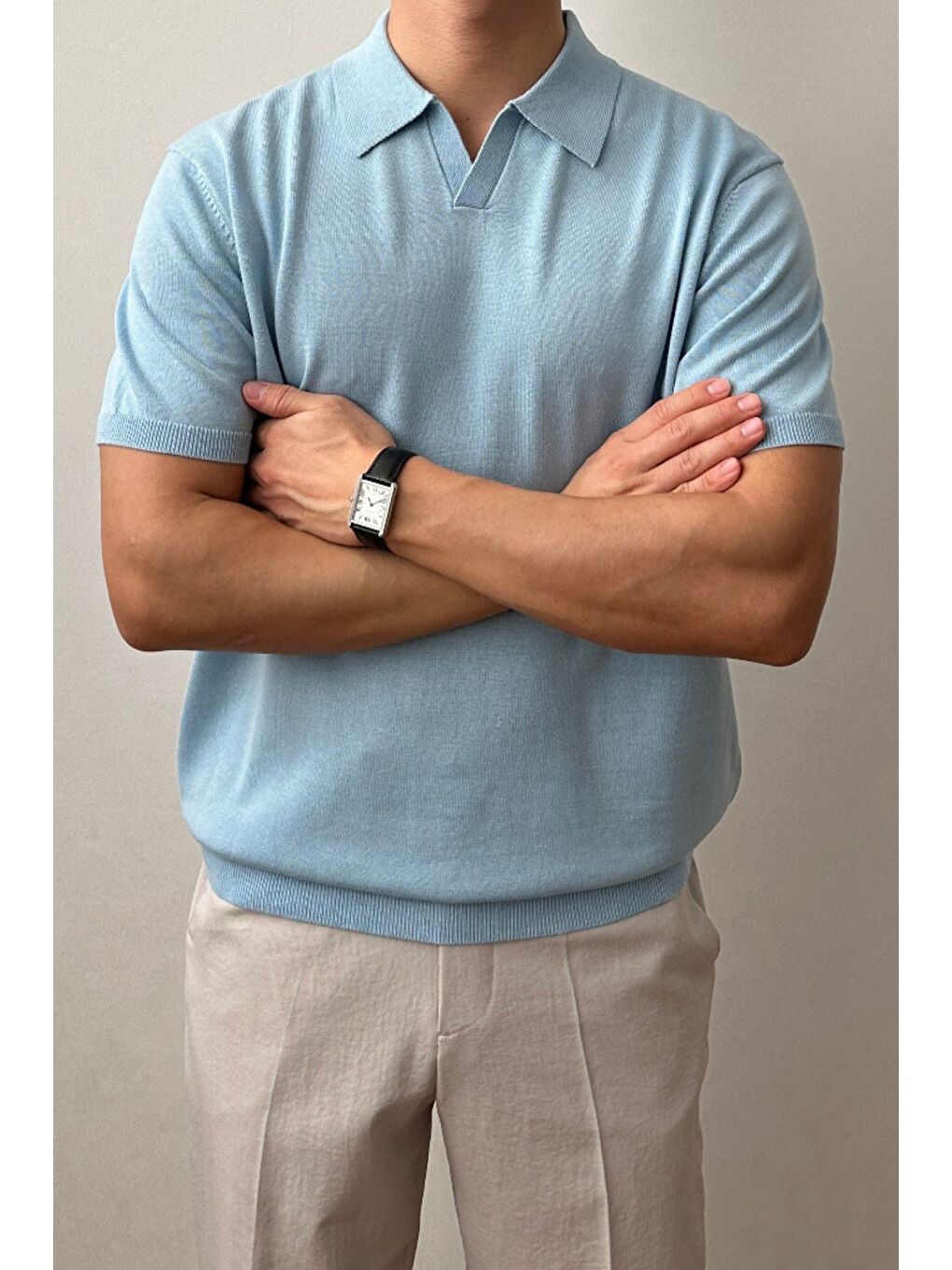 Erkek Mavi Patlı Kısa Kollu Polo Yaka Triko Tişört-1