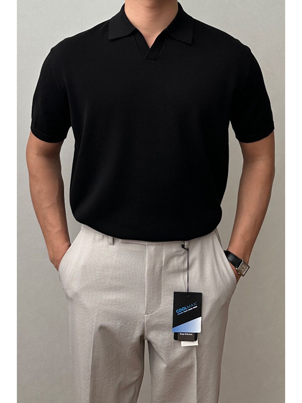 Erkek Siyah Patlı Kısa Kollu Polo Yaka Triko T-Shirt-1