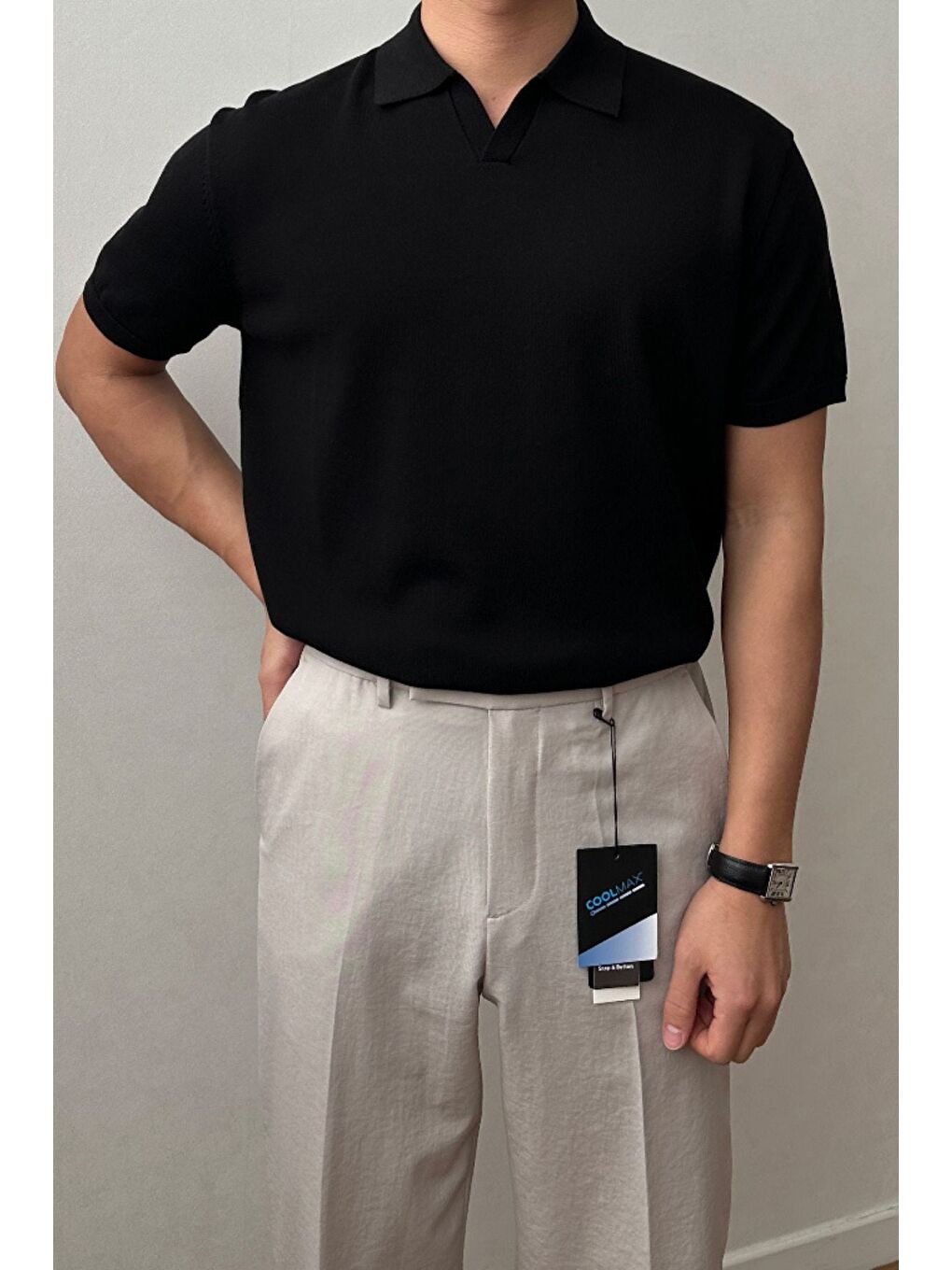 Erkek Siyah Patlı Kısa Kollu Polo Yaka Triko T-Shirt-2