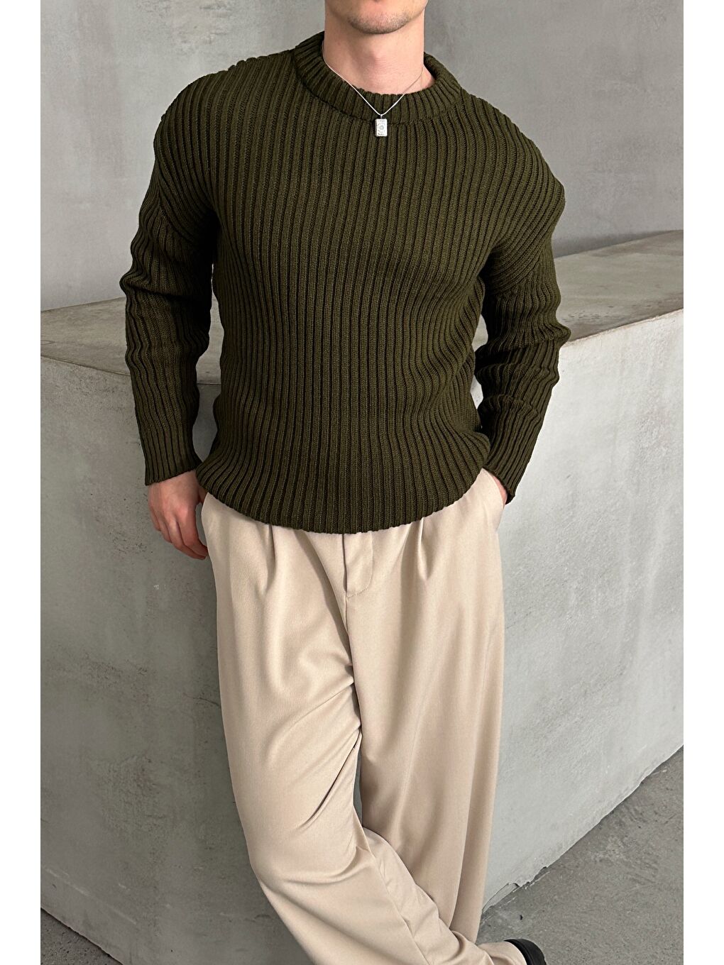 Haki Erkek Fitilli Örme Oversize Kazak