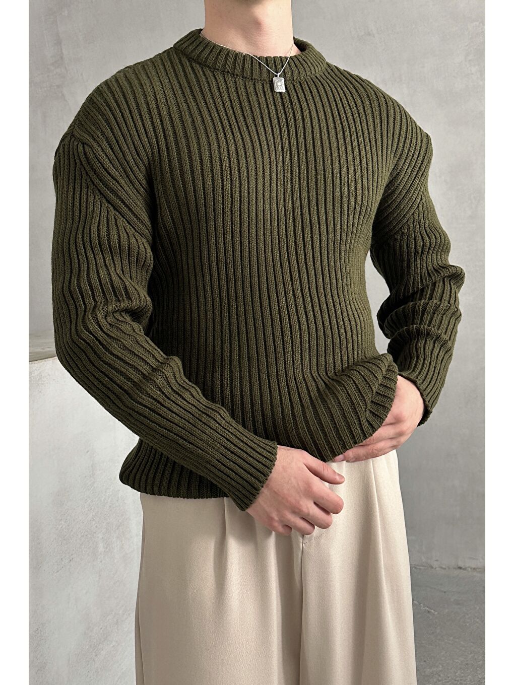 Haki Erkek Fitilli Örme Oversize Kazak-1