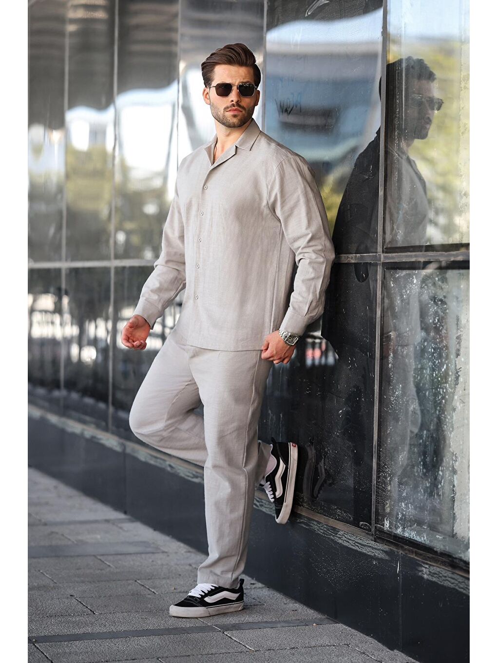 Gri Taş Rengi Rahat Kesim Erkek Keten Gömlek Pantolon %100 Pamuk Takım E7327