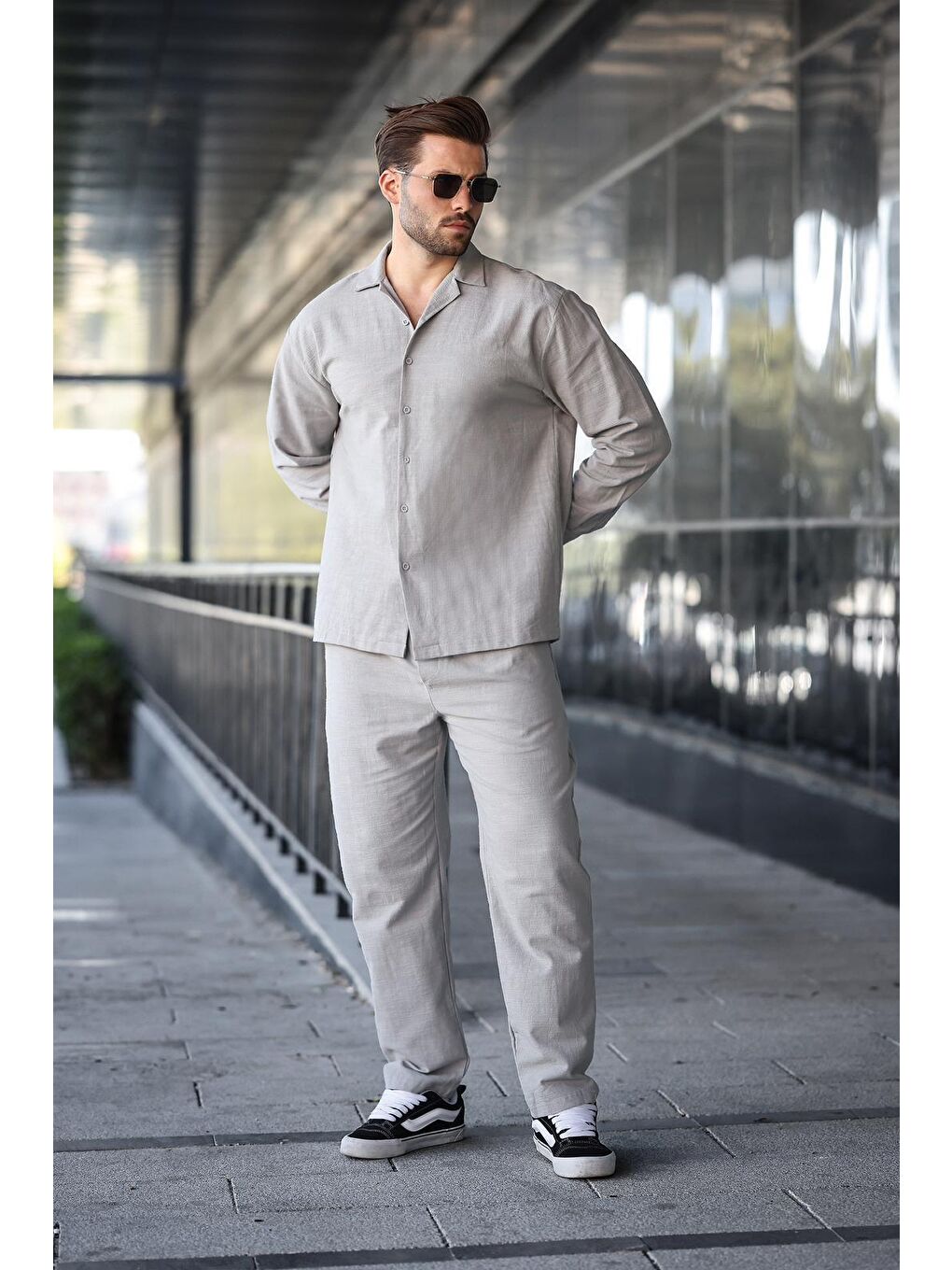 Gri Taş Rengi Rahat Kesim Erkek Keten Gömlek Pantolon %100 Pamuk Takım E7327-1