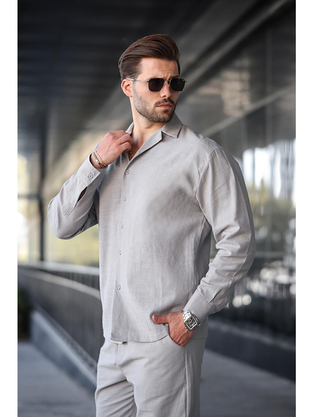 Gri Taş Rengi Rahat Kesim Erkek Keten Gömlek Pantolon %100 Pamuk Takım E7327-2