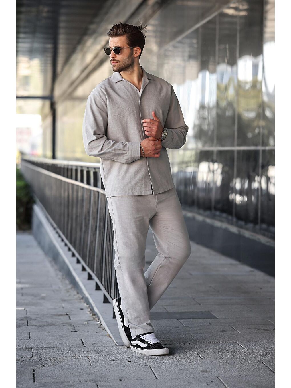 Gri Taş Rengi Rahat Kesim Erkek Keten Gömlek Pantolon %100 Pamuk Takım E7327-3