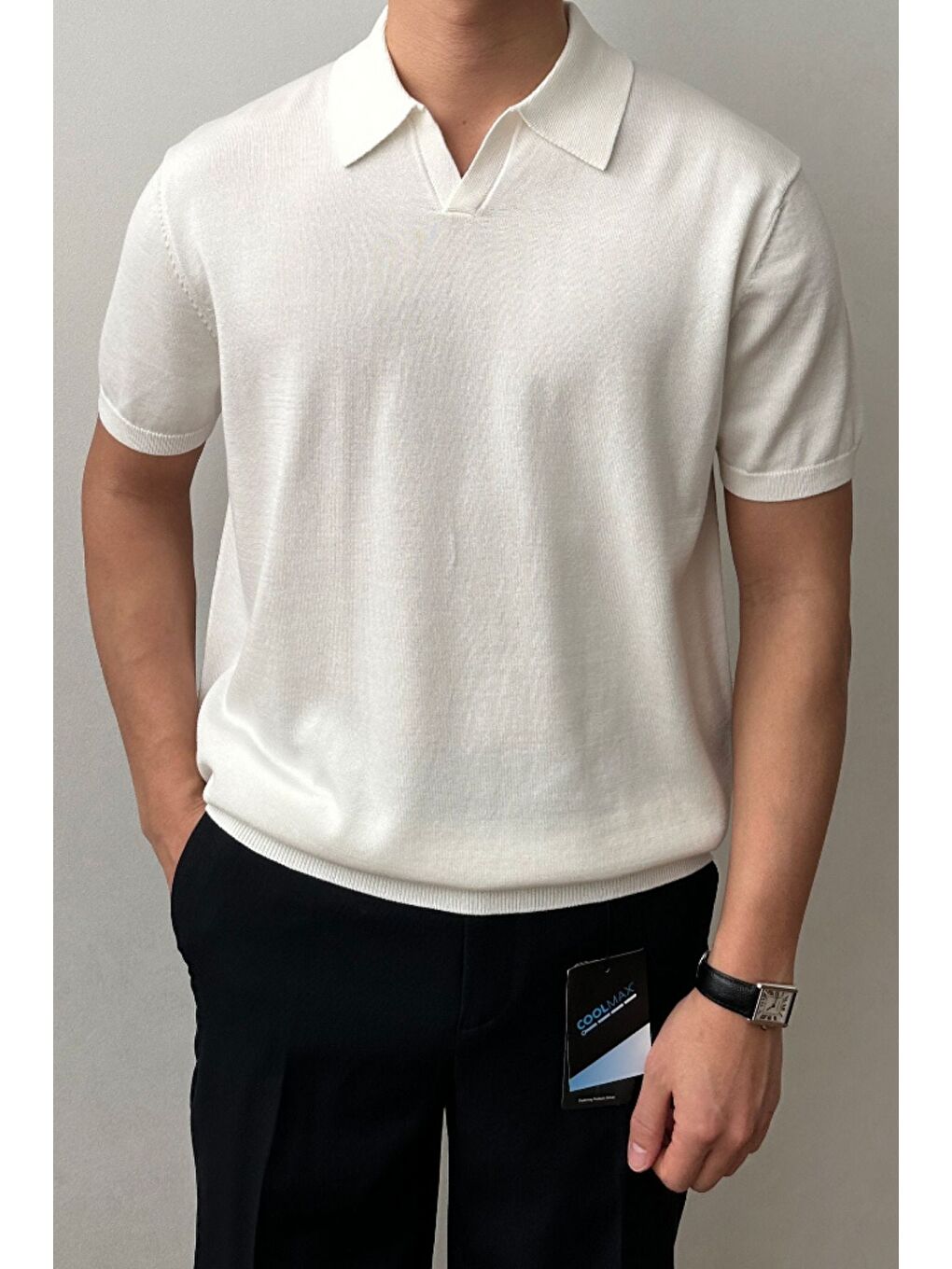 Erkek Beyaz Patlı Kısa Kollu Polo Yaka Triko T-Shirt-3