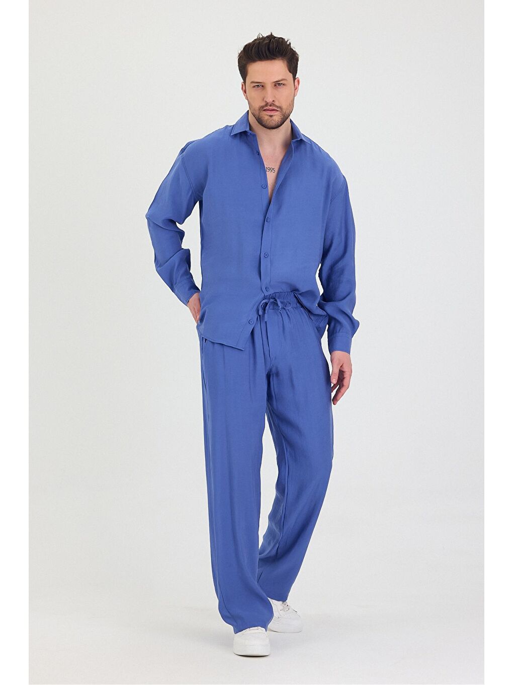Mavi Erkek Oversize Rahat Kalıp Gömlek-Pantolon Alt-Üst Takım-1