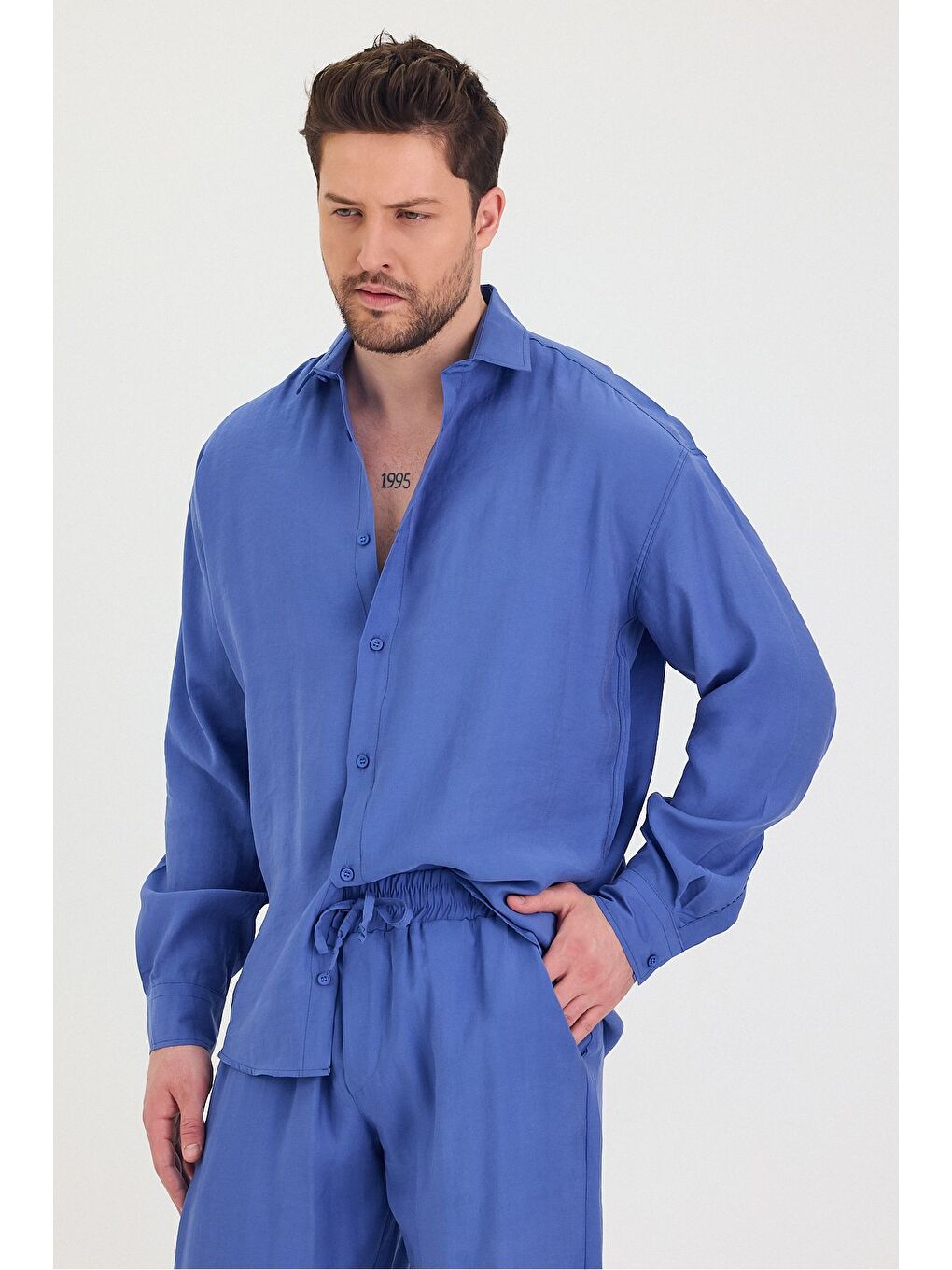 Mavi Erkek Oversize Rahat Kalıp Gömlek-Pantolon Alt-Üst Takım-2