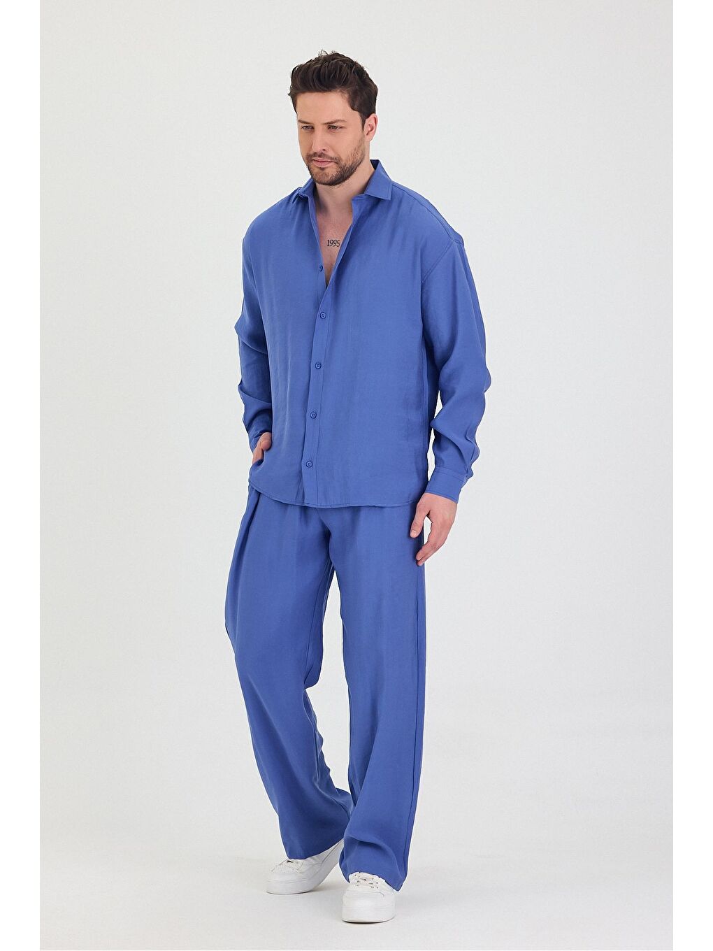 Mavi Erkek Oversize Rahat Kalıp Gömlek-Pantolon Alt-Üst Takım-3