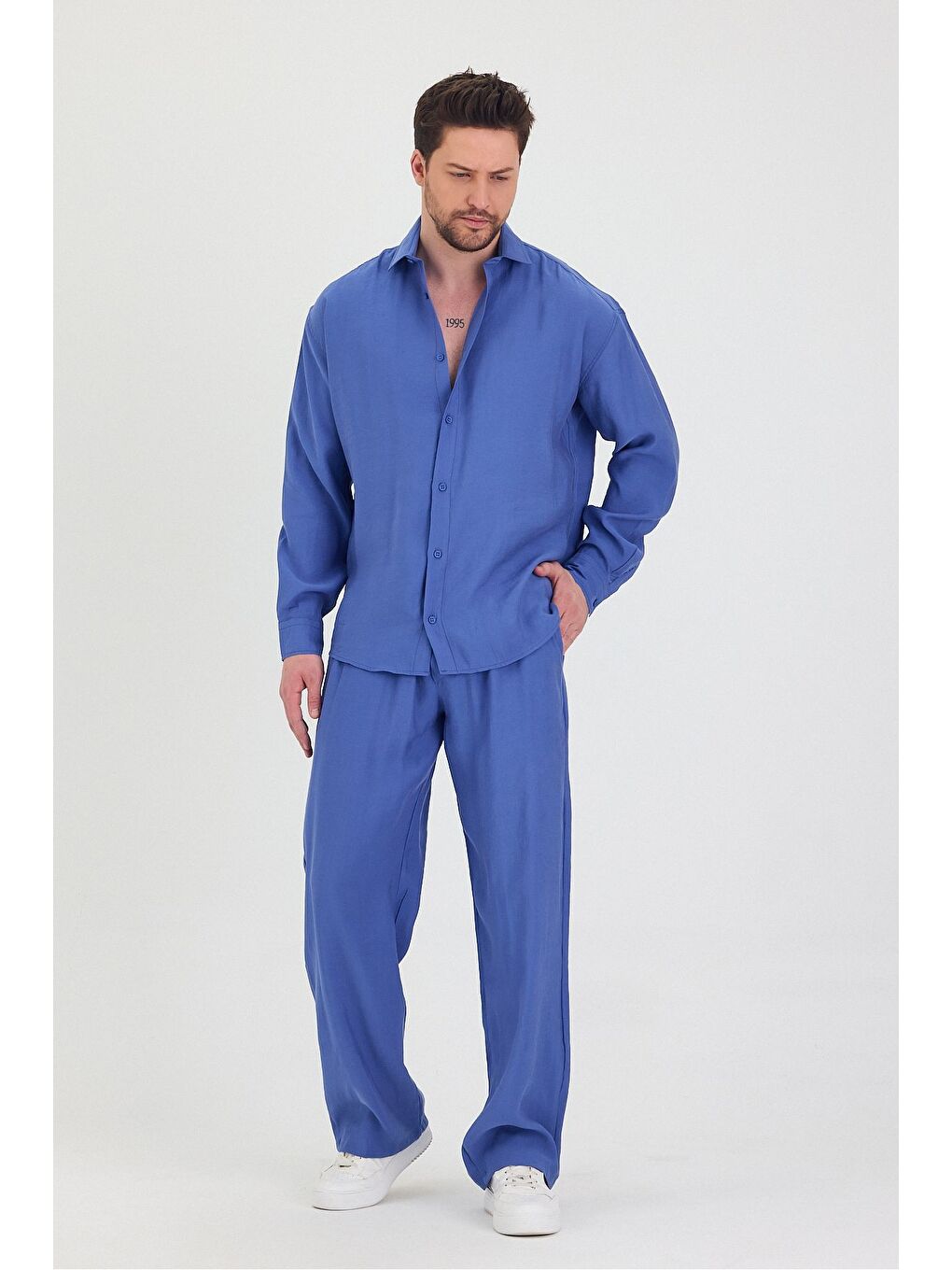 Mavi Erkek Oversize Rahat Kalıp Gömlek-Pantolon Alt-Üst Takım-4