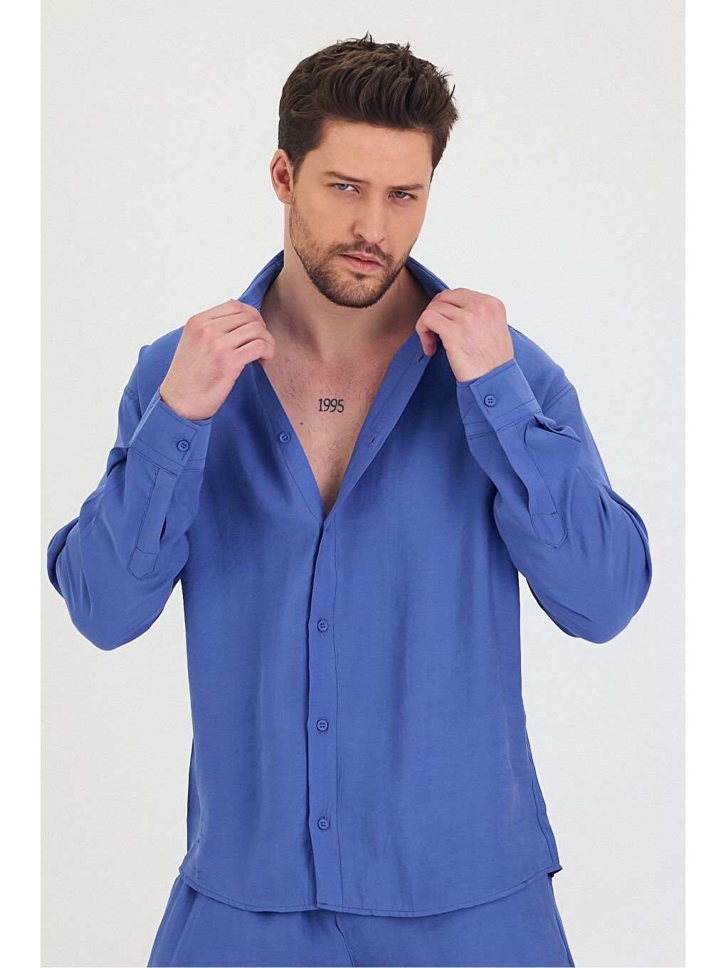 Mavi Erkek Oversize Rahat Kalıp Gömlek-Pantolon Alt-Üst Takım-5