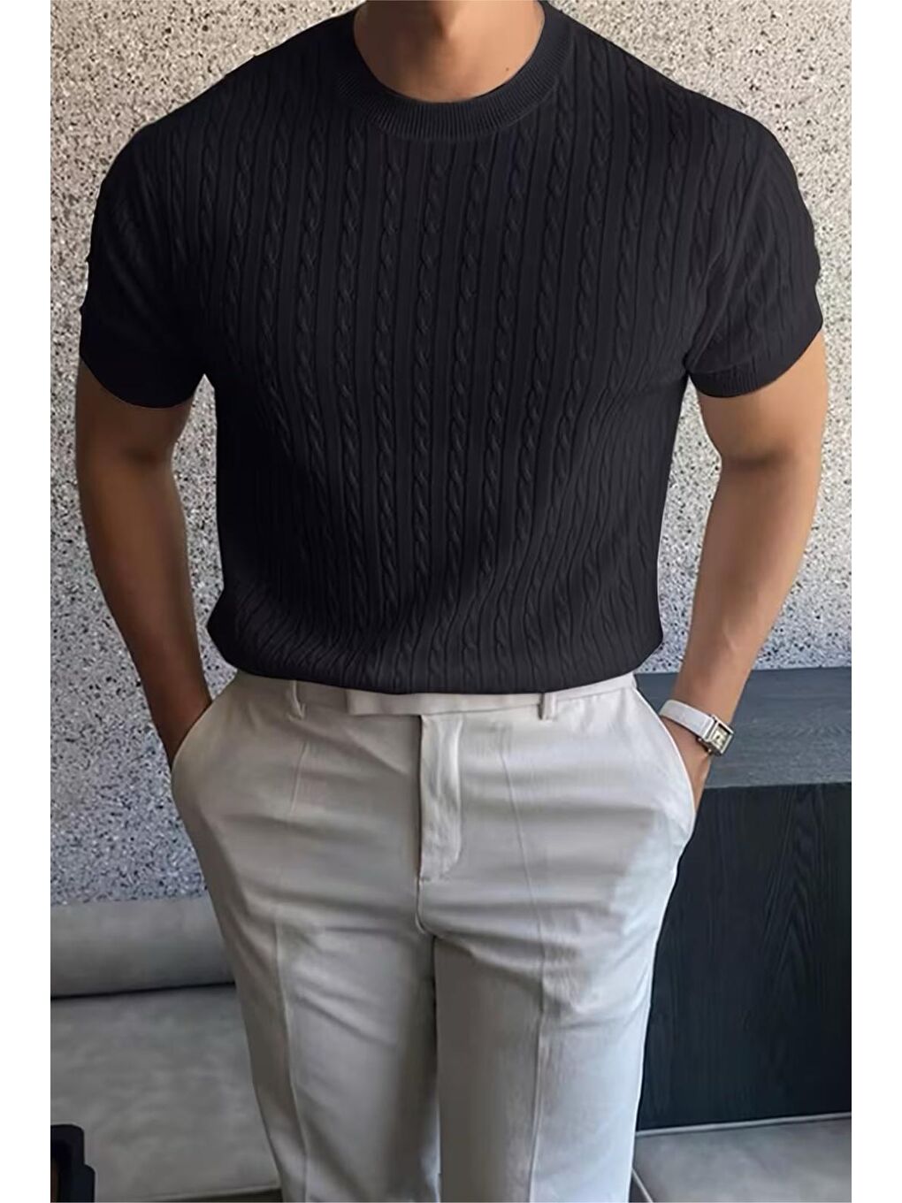 Siyah Kelly Lüks Seri Erkek Slim Fit Saç Örgü Desenli Bisiklet Yaka Kısa Kollu Triko Tişört-1