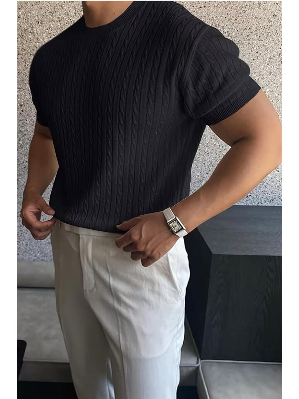 Siyah Kelly Lüks Seri Erkek Slim Fit Saç Örgü Desenli Bisiklet Yaka Kısa Kollu Triko Tişört-2