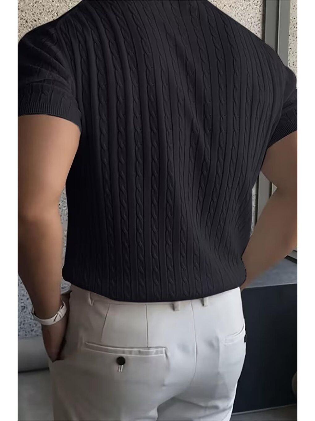 Siyah Kelly Lüks Seri Erkek Slim Fit Saç Örgü Desenli Bisiklet Yaka Kısa Kollu Triko Tişört-3