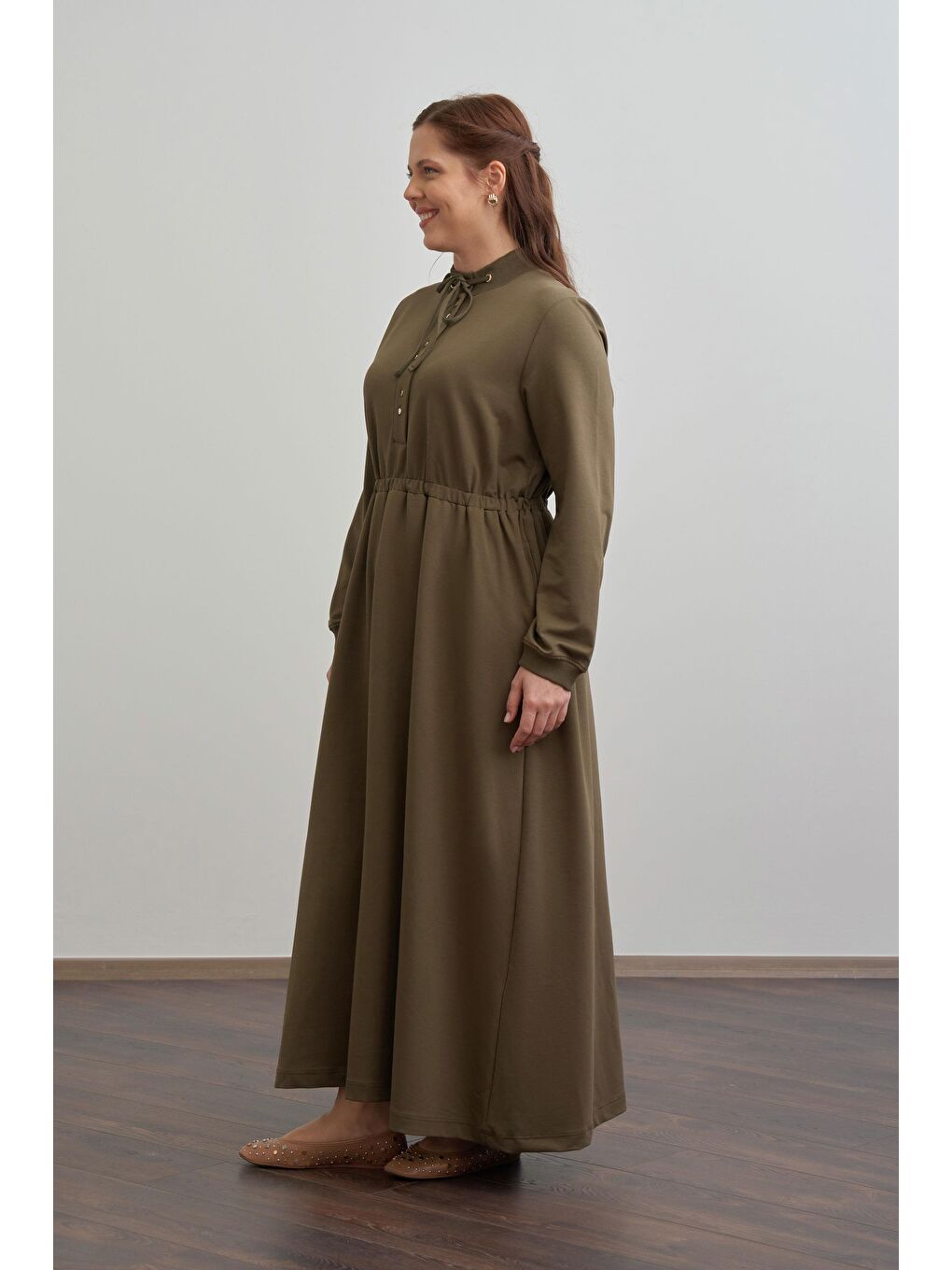 Haki-Pamuklu Yarım Patlı Elbise-1