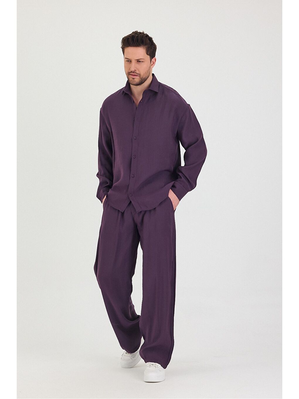 Mürdüm Erkek Oversize Rahat Kalıp Gömlek-Pantolon Alt-Üst Takım-1