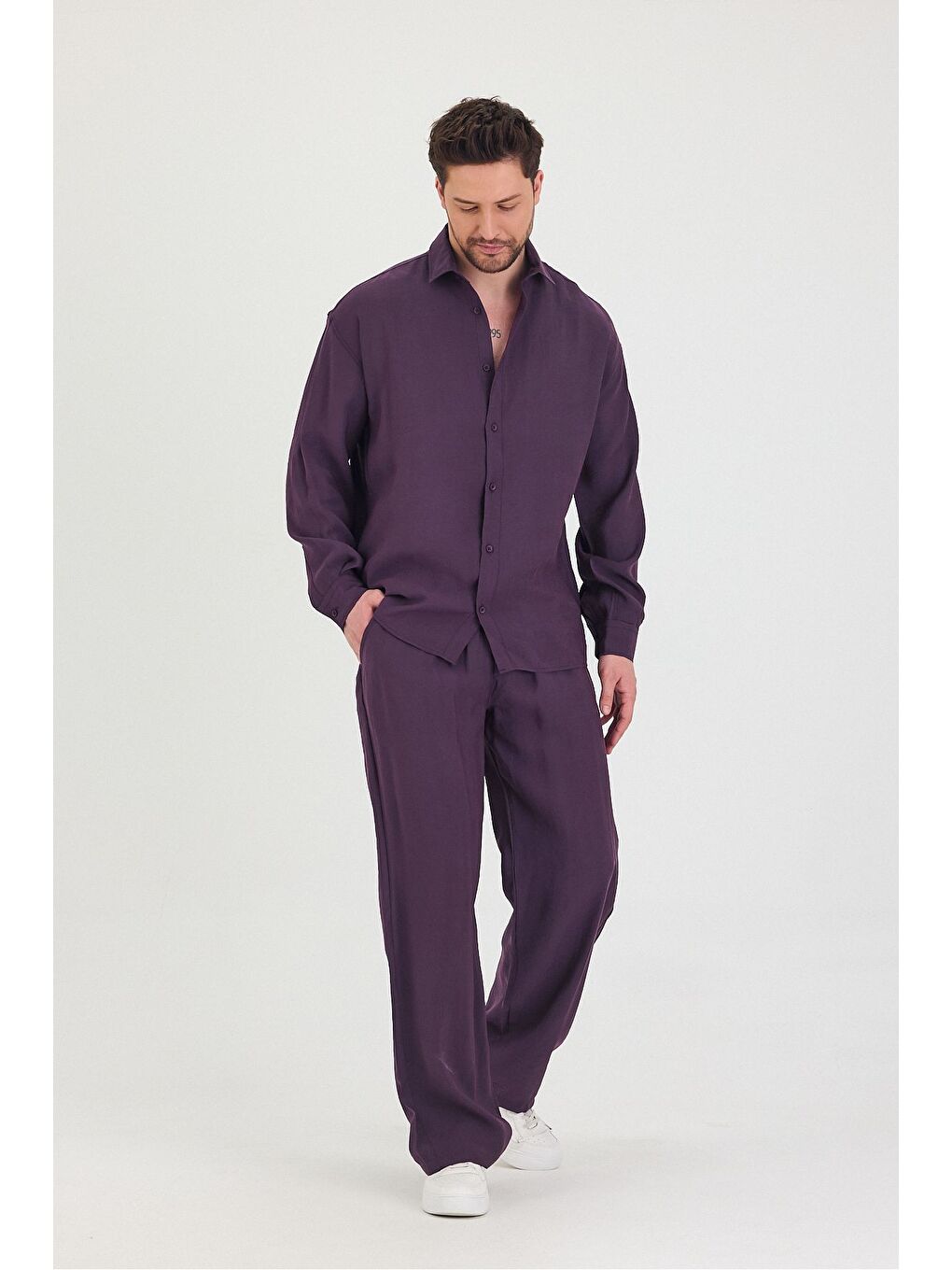 Mürdüm Erkek Oversize Rahat Kalıp Gömlek-Pantolon Alt-Üst Takım-2