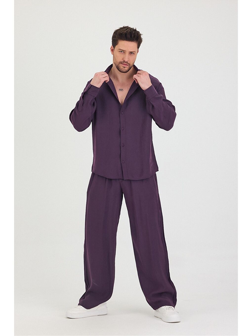 Mürdüm Erkek Oversize Rahat Kalıp Gömlek-Pantolon Alt-Üst Takım-4