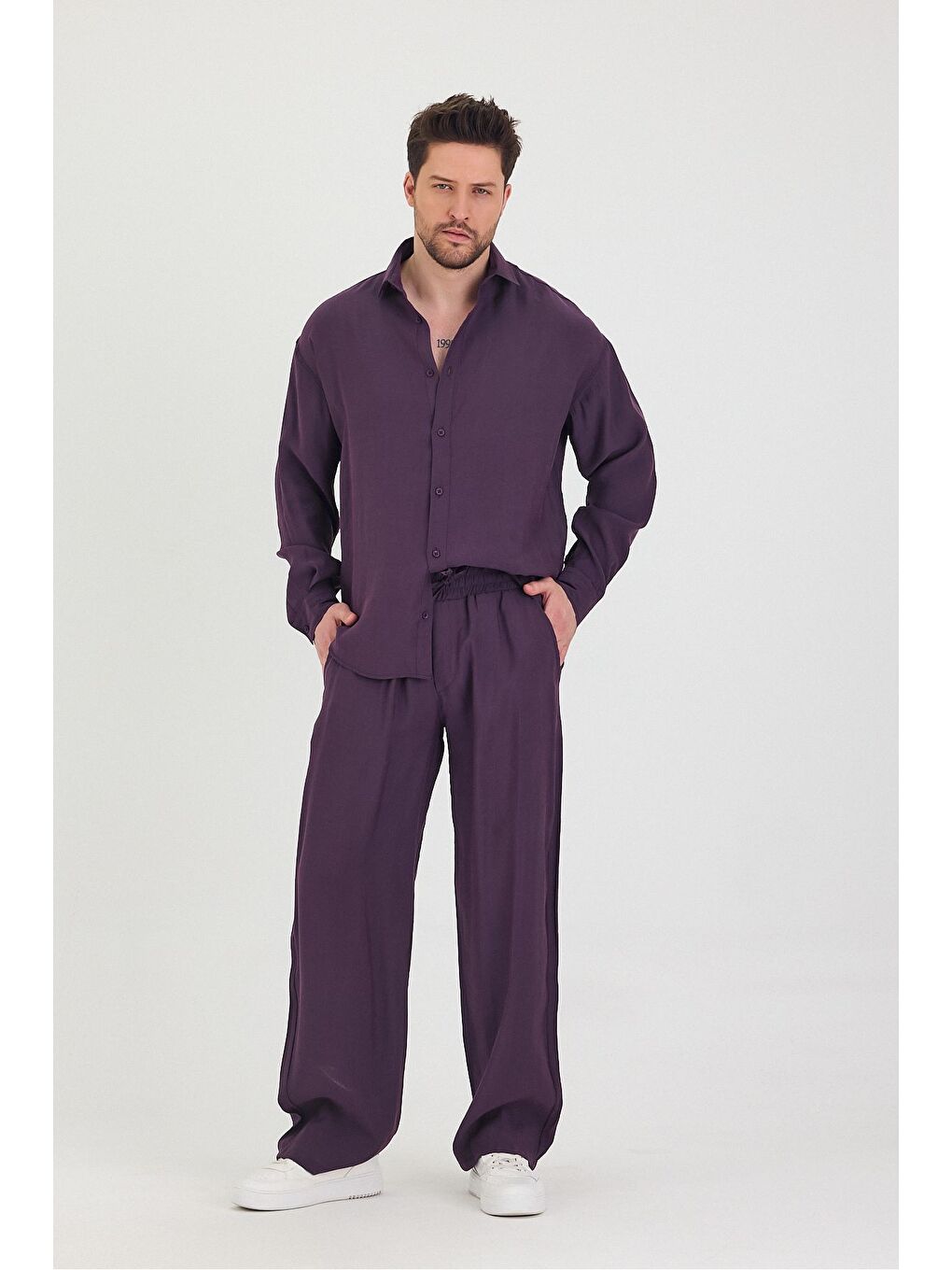 Mürdüm Erkek Oversize Rahat Kalıp Gömlek-Pantolon Alt-Üst Takım-5