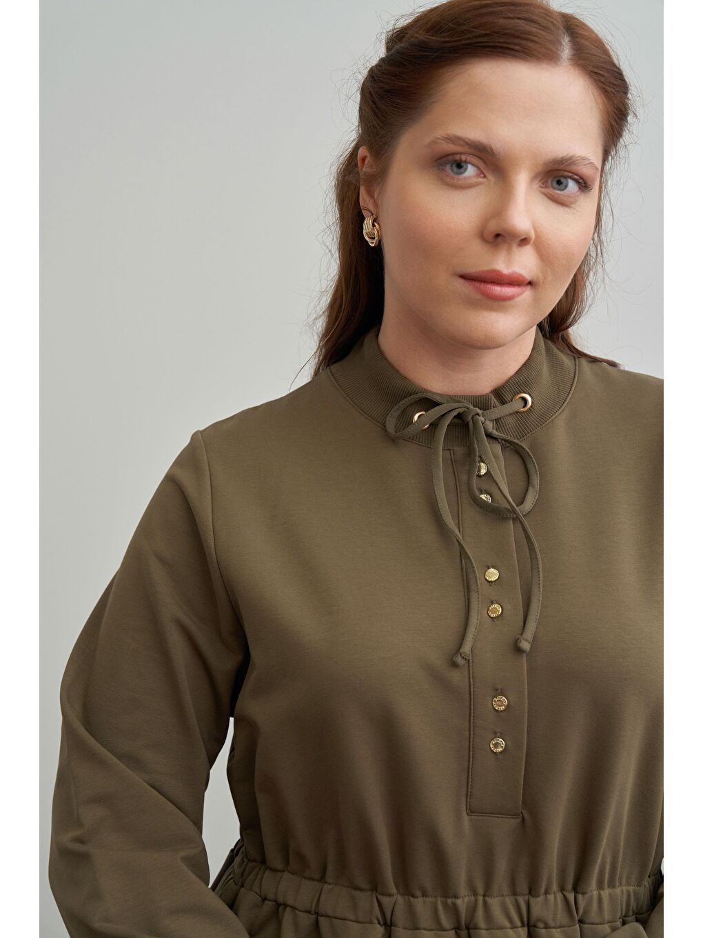 Haki-Pamuklu Yarım Patlı Elbise-3