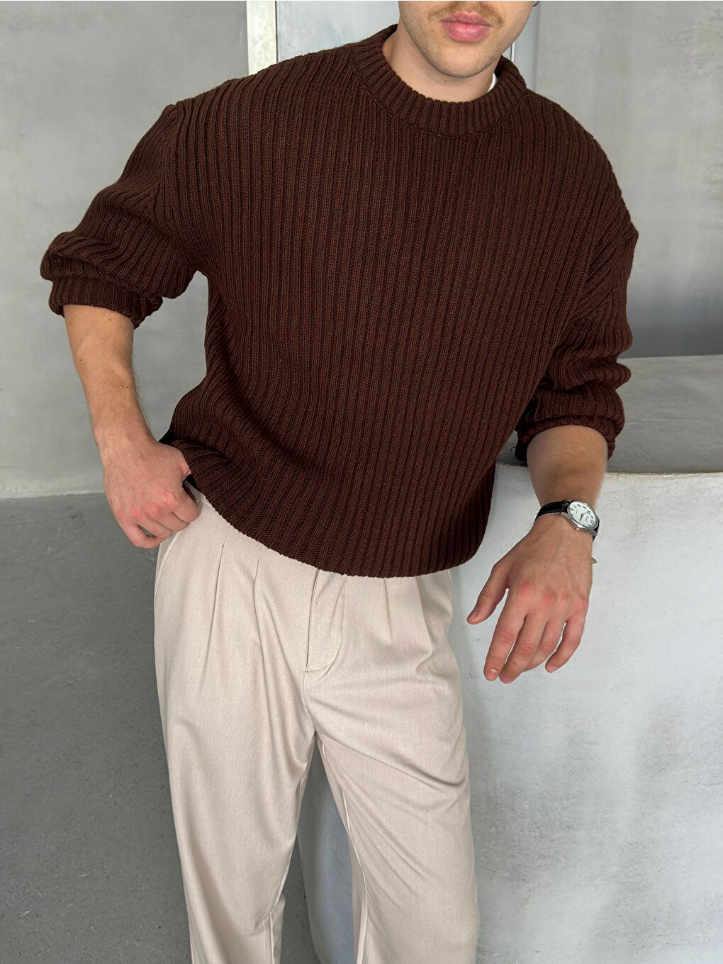 Kahverengi Erkek Fitilli Örme Oversize Kazak