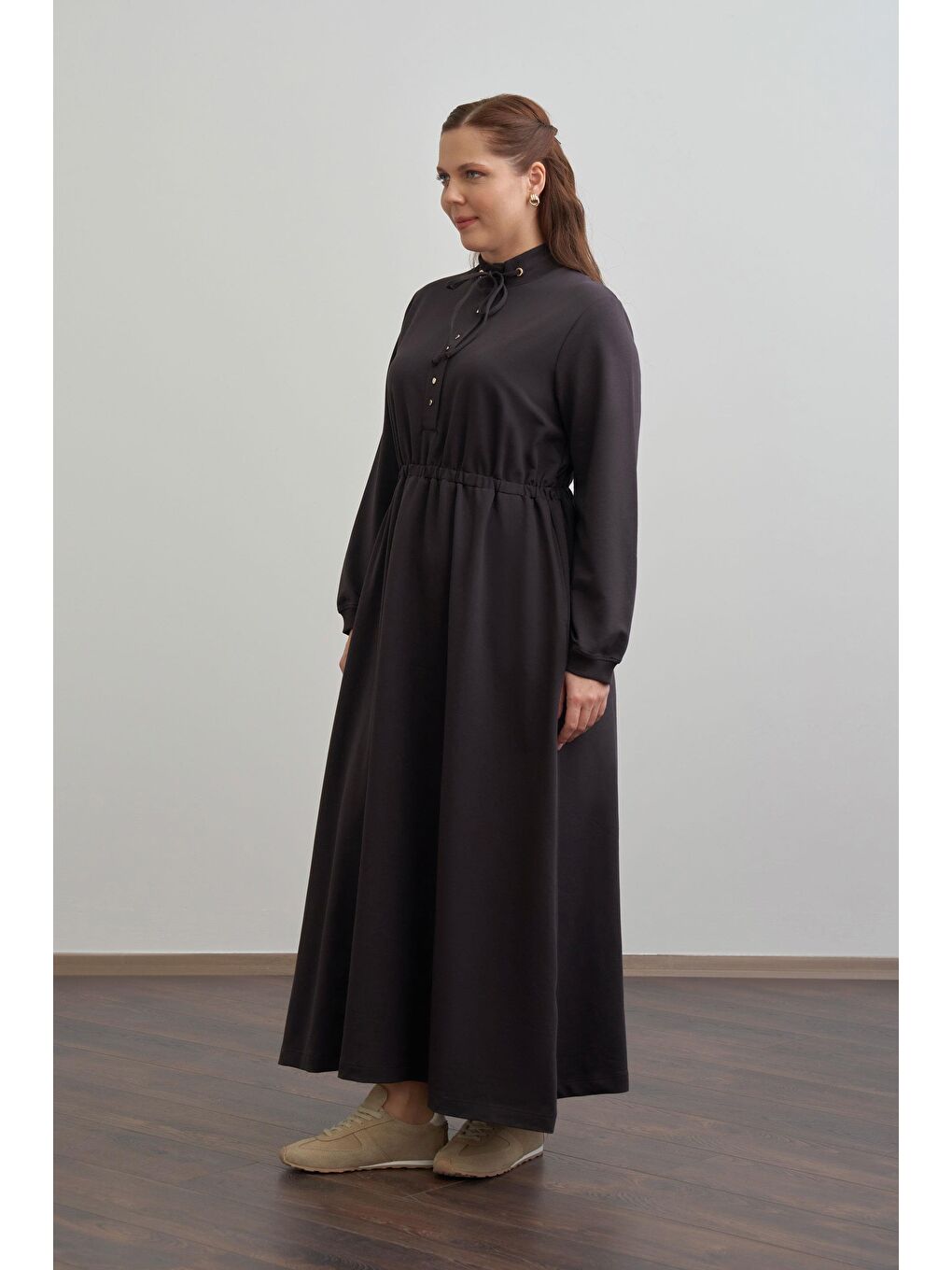 Kahverengi Acı Kahve-Pamuklu Yarım Patlı Elbise-1