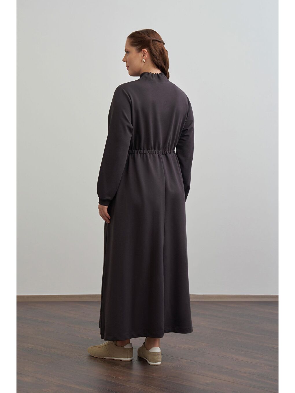 Kahverengi Acı Kahve-Pamuklu Yarım Patlı Elbise-2