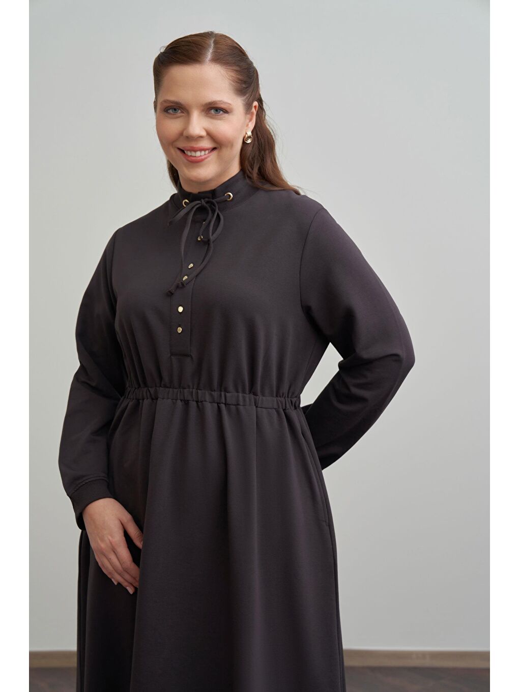 Kahverengi Acı Kahve-Pamuklu Yarım Patlı Elbise-3