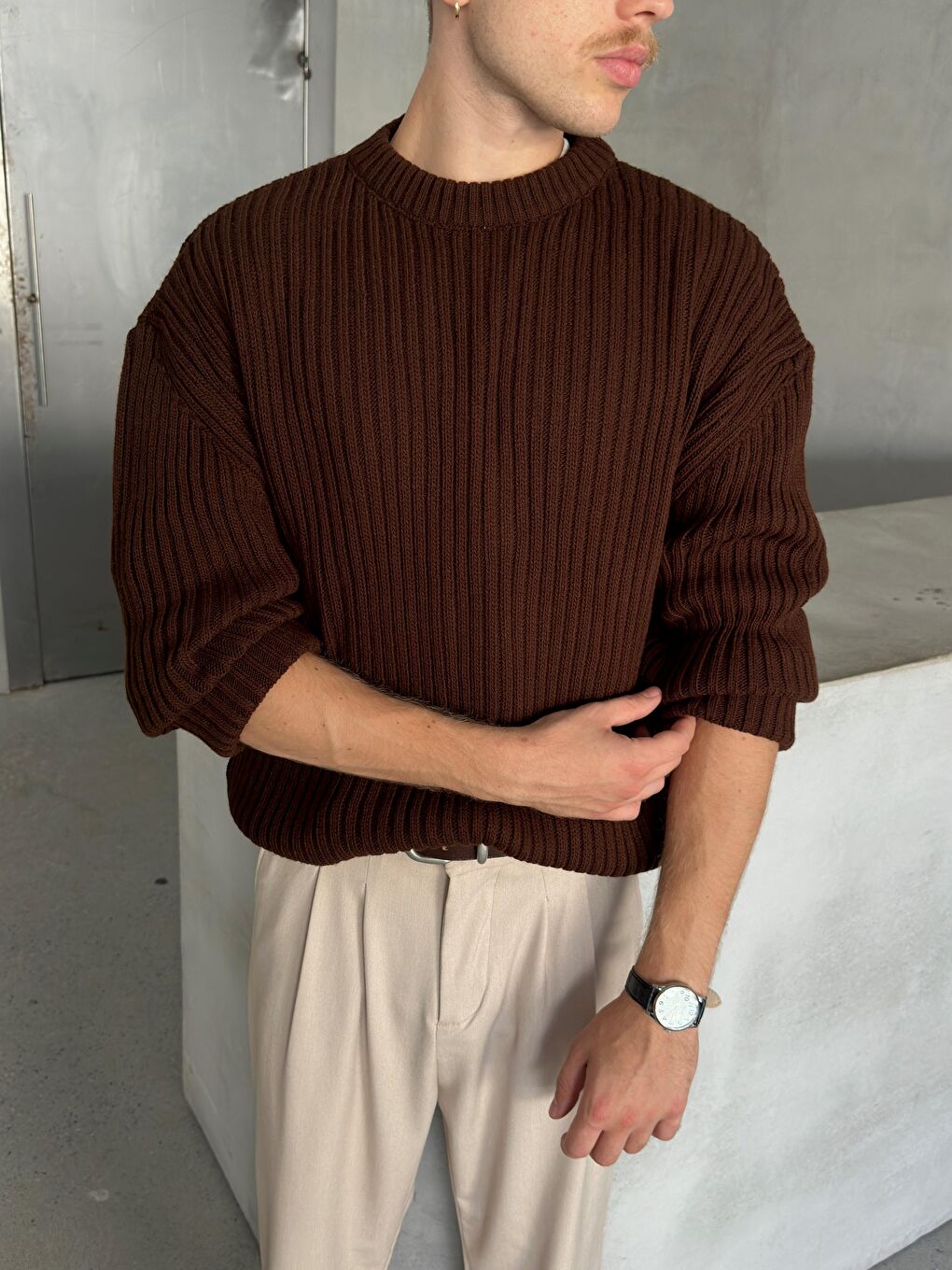 Kahverengi Erkek Fitilli Örme Oversize Kazak-1