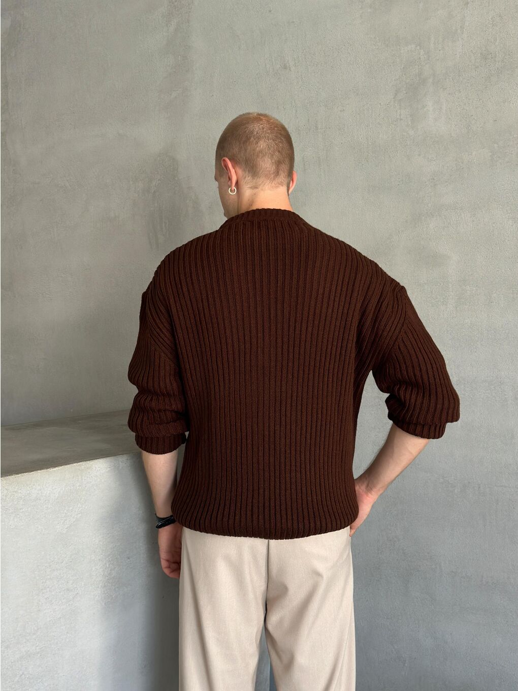 Kahverengi Erkek Fitilli Örme Oversize Kazak-3