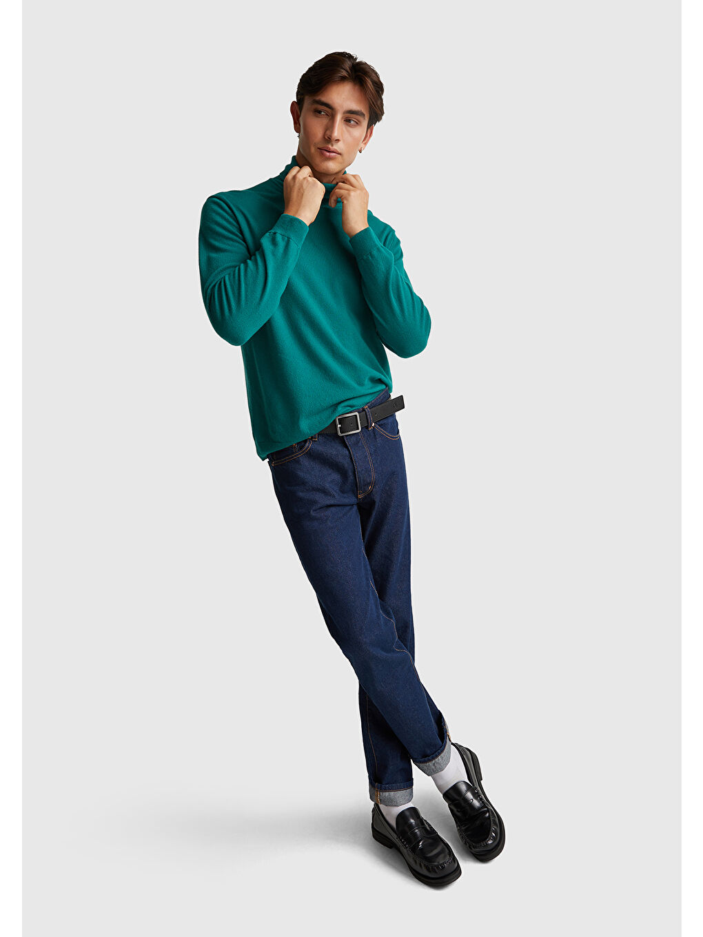 Erkek Yeşil %100 Merino Boğazlı Kazak-2