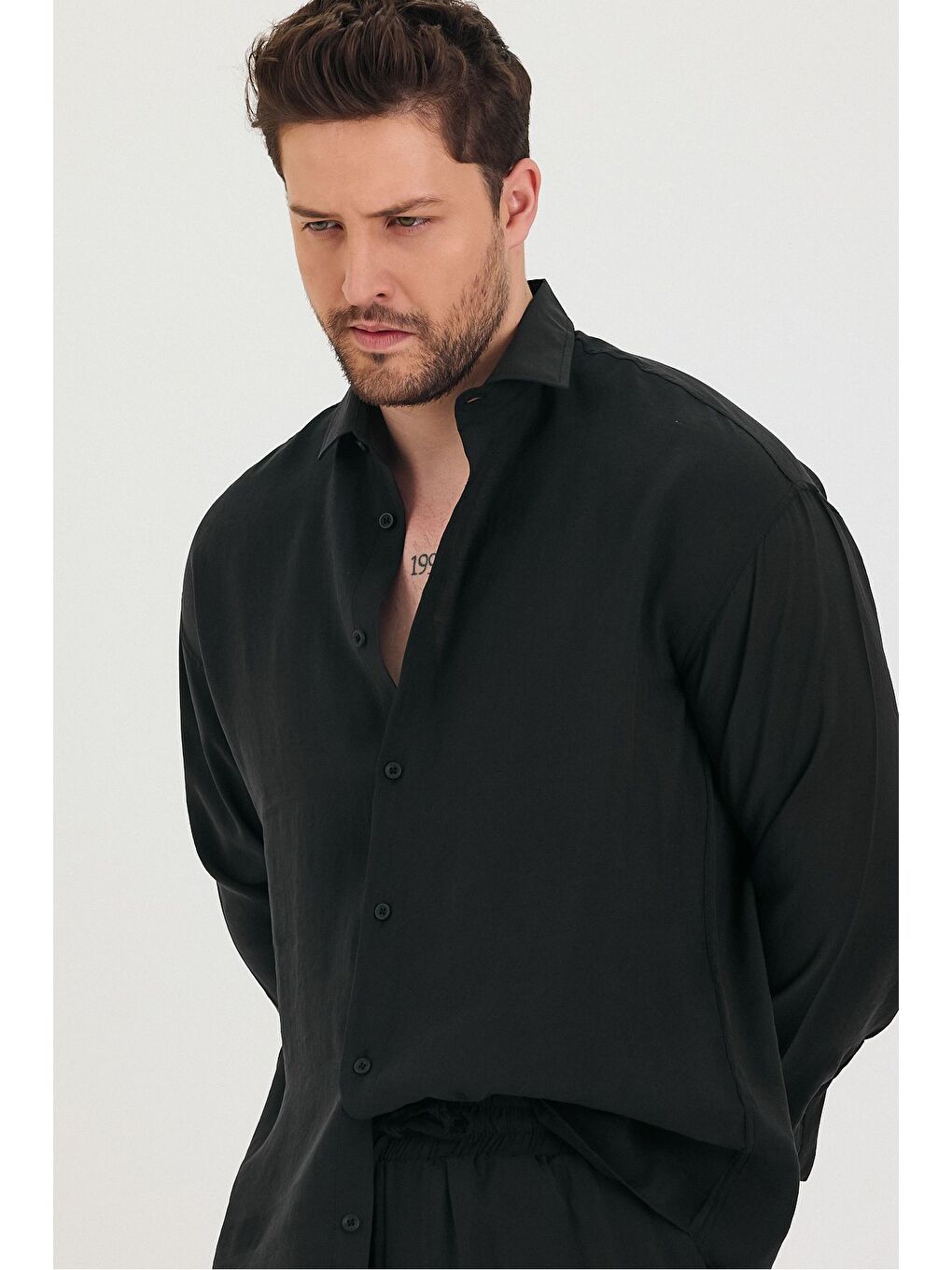 Siyah Erkek Oversize Rahat Kalıp Gömlek-Pantolon Alt-Üst Takım-2