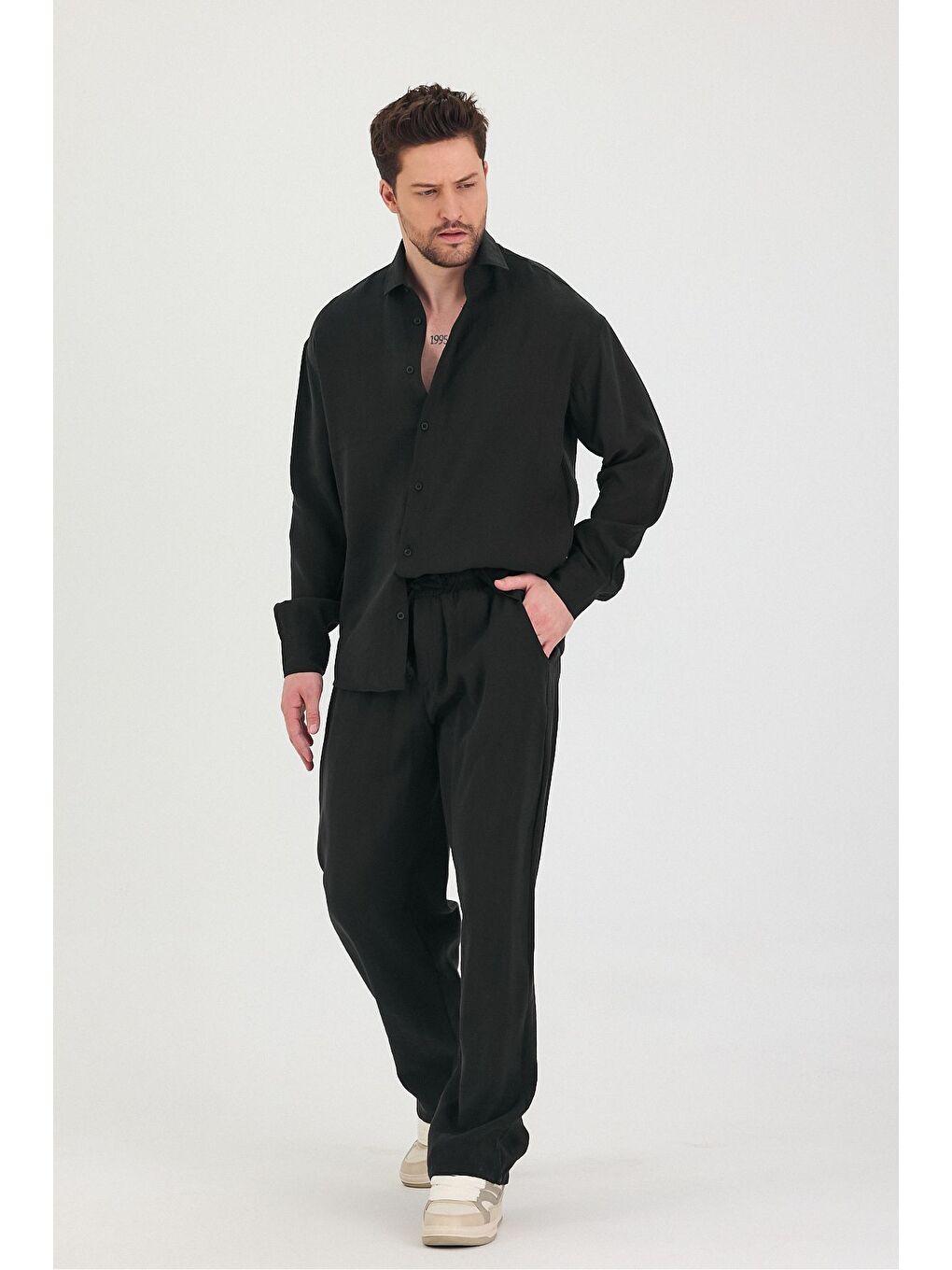Siyah Erkek Oversize Rahat Kalıp Gömlek-Pantolon Alt-Üst Takım-3
