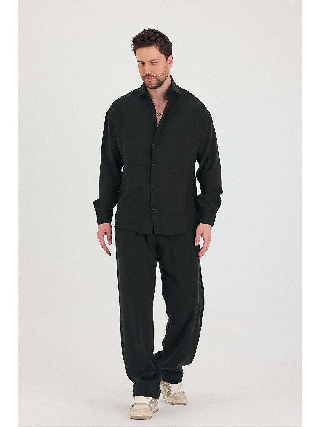 Siyah Erkek Oversize Rahat Kalıp Gömlek-Pantolon Alt-Üst Takım-4