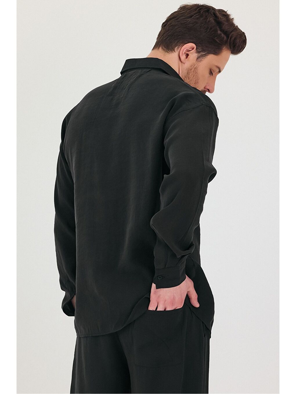 Siyah Erkek Oversize Rahat Kalıp Gömlek-Pantolon Alt-Üst Takım-7