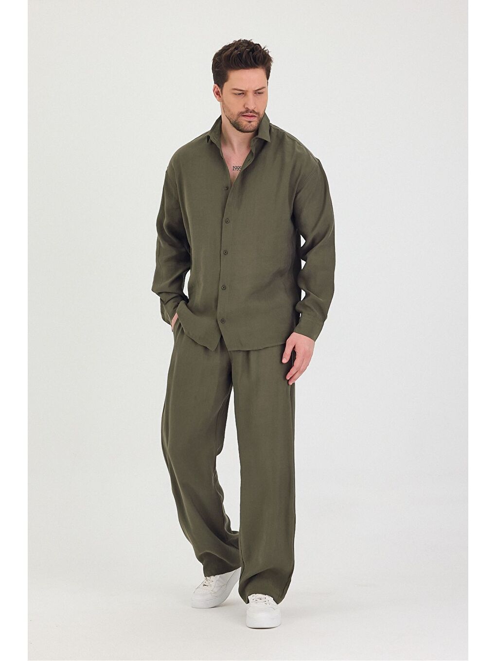 Haki Erkek Oversize Rahat Kalıp Gömlek-Pantolon Alt-Üst Takım