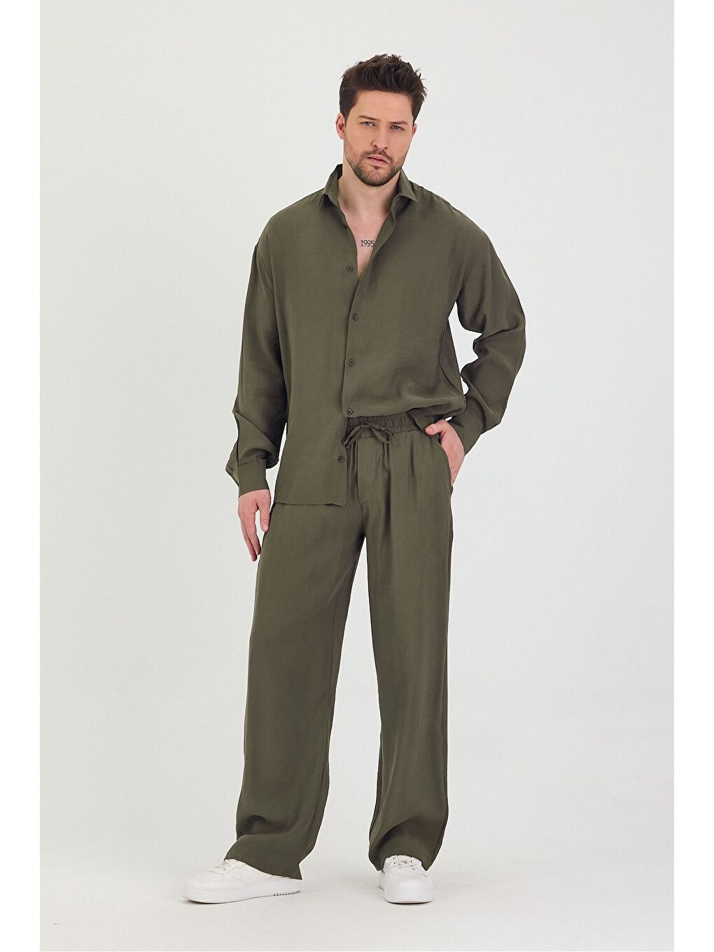 Haki Erkek Oversize Rahat Kalıp Gömlek-Pantolon Alt-Üst Takım-1