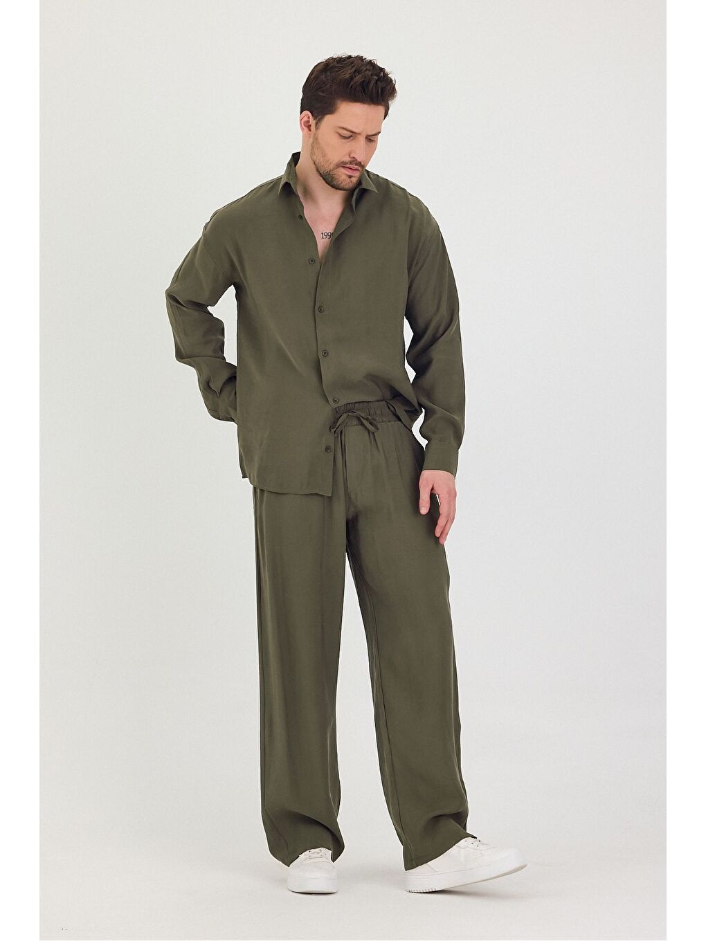 Haki Erkek Oversize Rahat Kalıp Gömlek-Pantolon Alt-Üst Takım-2
