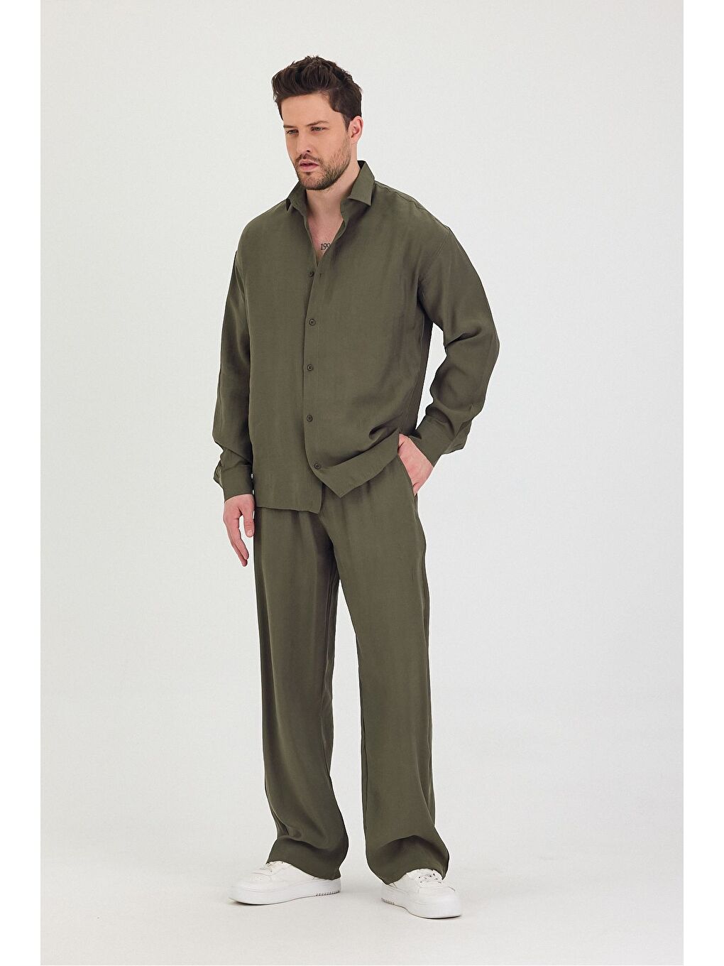 Haki Erkek Oversize Rahat Kalıp Gömlek-Pantolon Alt-Üst Takım-3