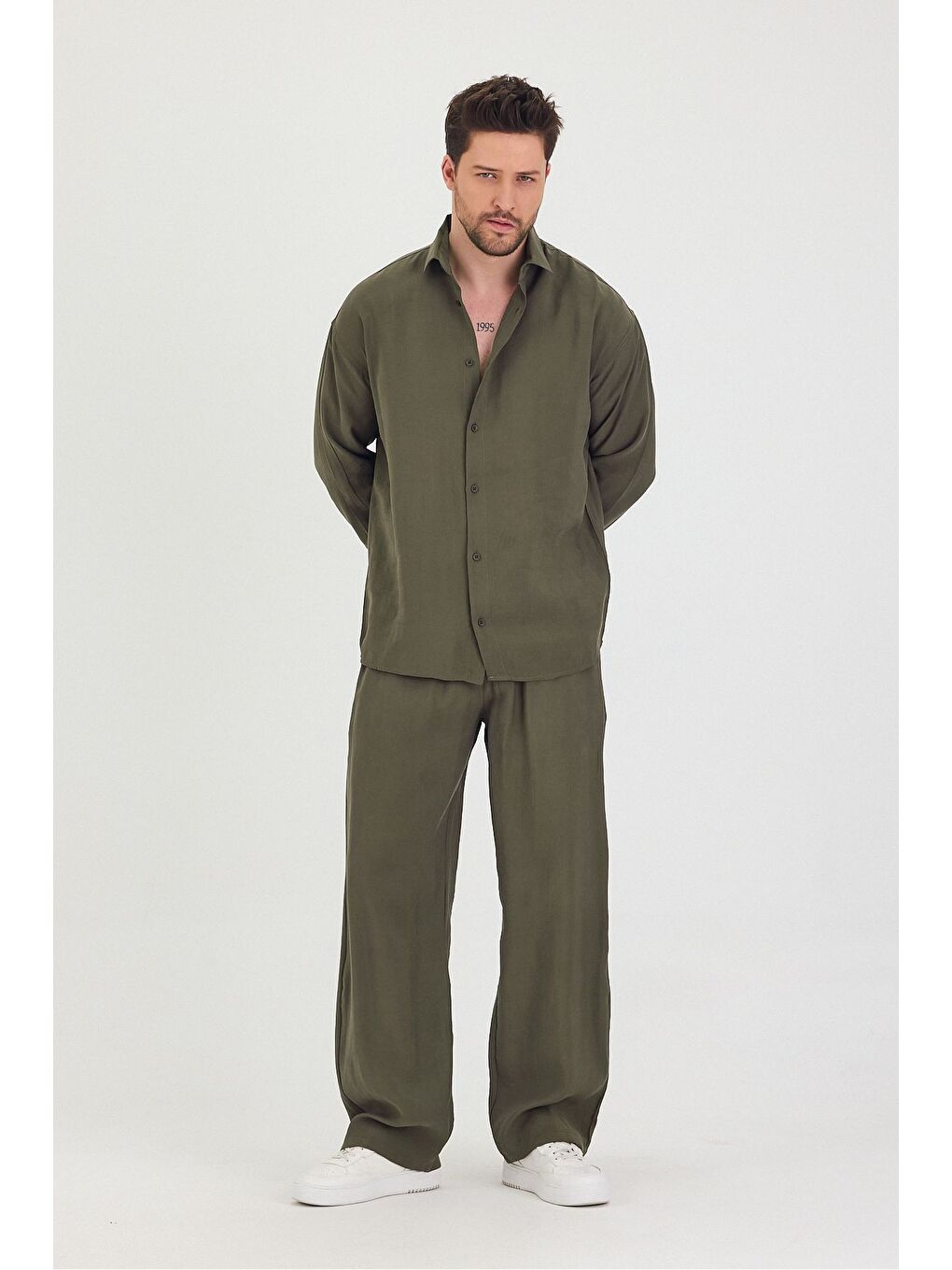 Haki Erkek Oversize Rahat Kalıp Gömlek-Pantolon Alt-Üst Takım-4