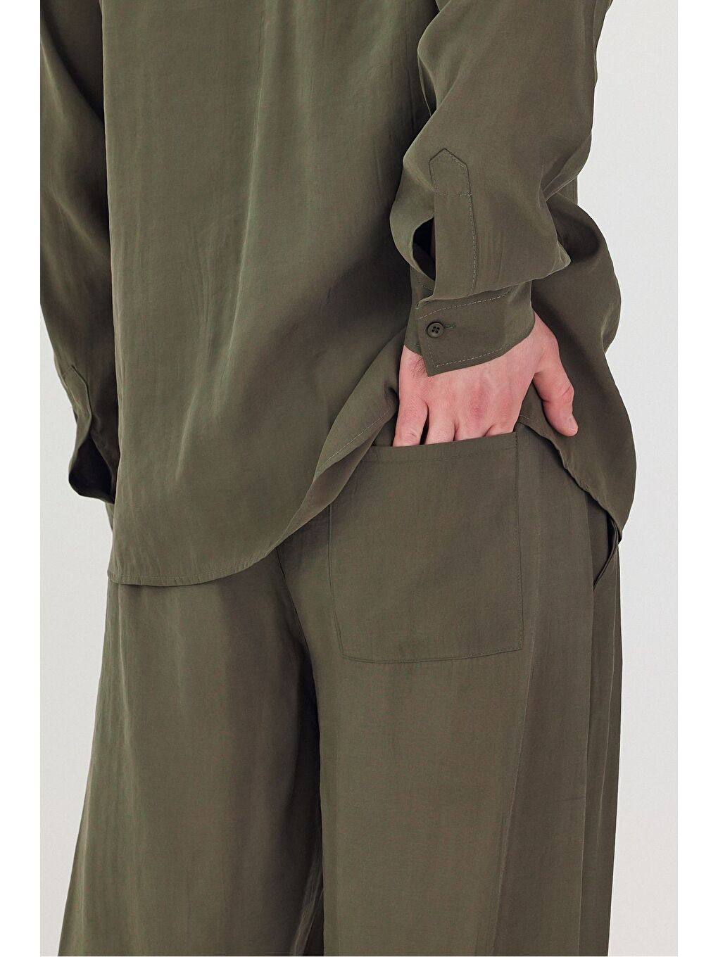 Haki Erkek Oversize Rahat Kalıp Gömlek-Pantolon Alt-Üst Takım-6