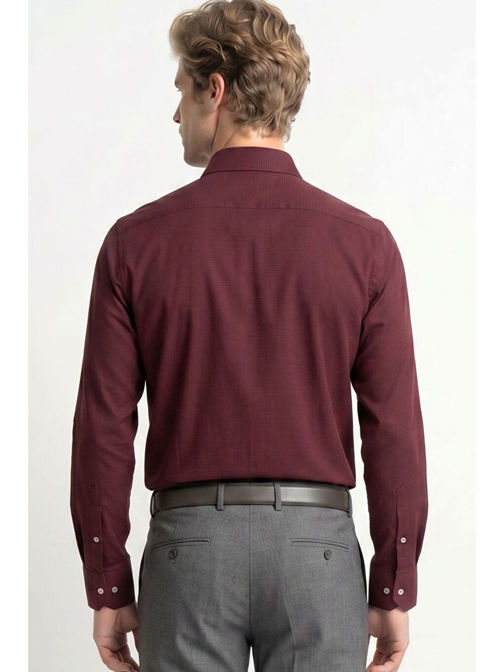 Erkek Regular Fit Klasik Kesim Pamuklu Kolay Ütü Armürlü Bordo Gömlek-5