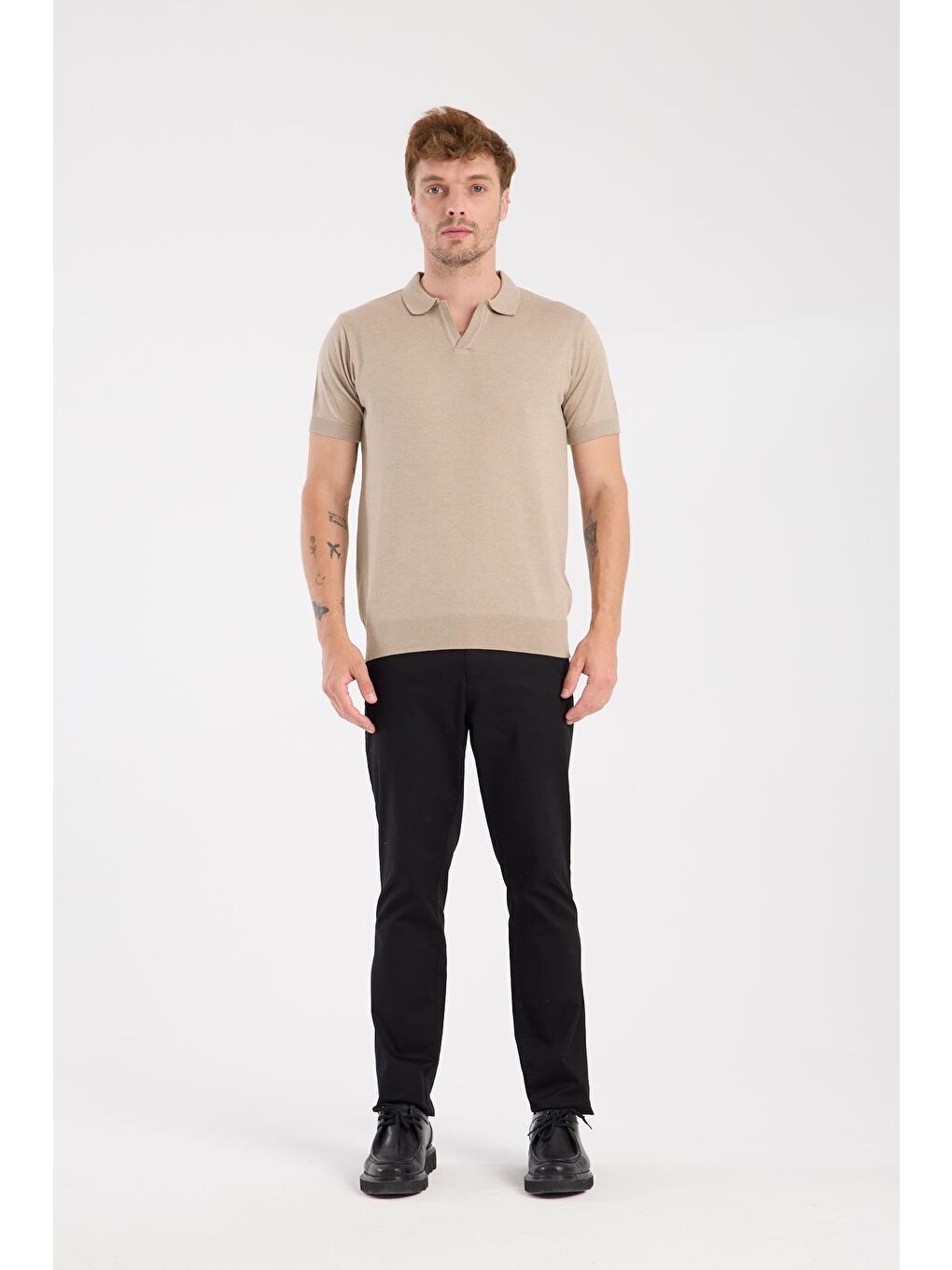 Bej Aclub Alfa Örme Kumaş Viskon Karışımlı Slim Fit Vizon Polo Yaka Erkek Düz Polo Shirt