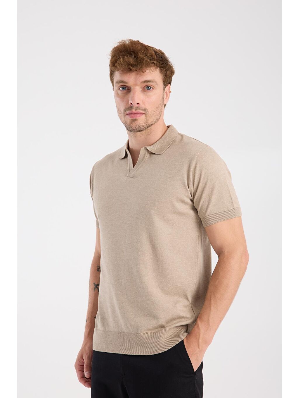 Bej Aclub Alfa Örme Kumaş Viskon Karışımlı Slim Fit Vizon Polo Yaka Erkek Düz Polo Shirt-2