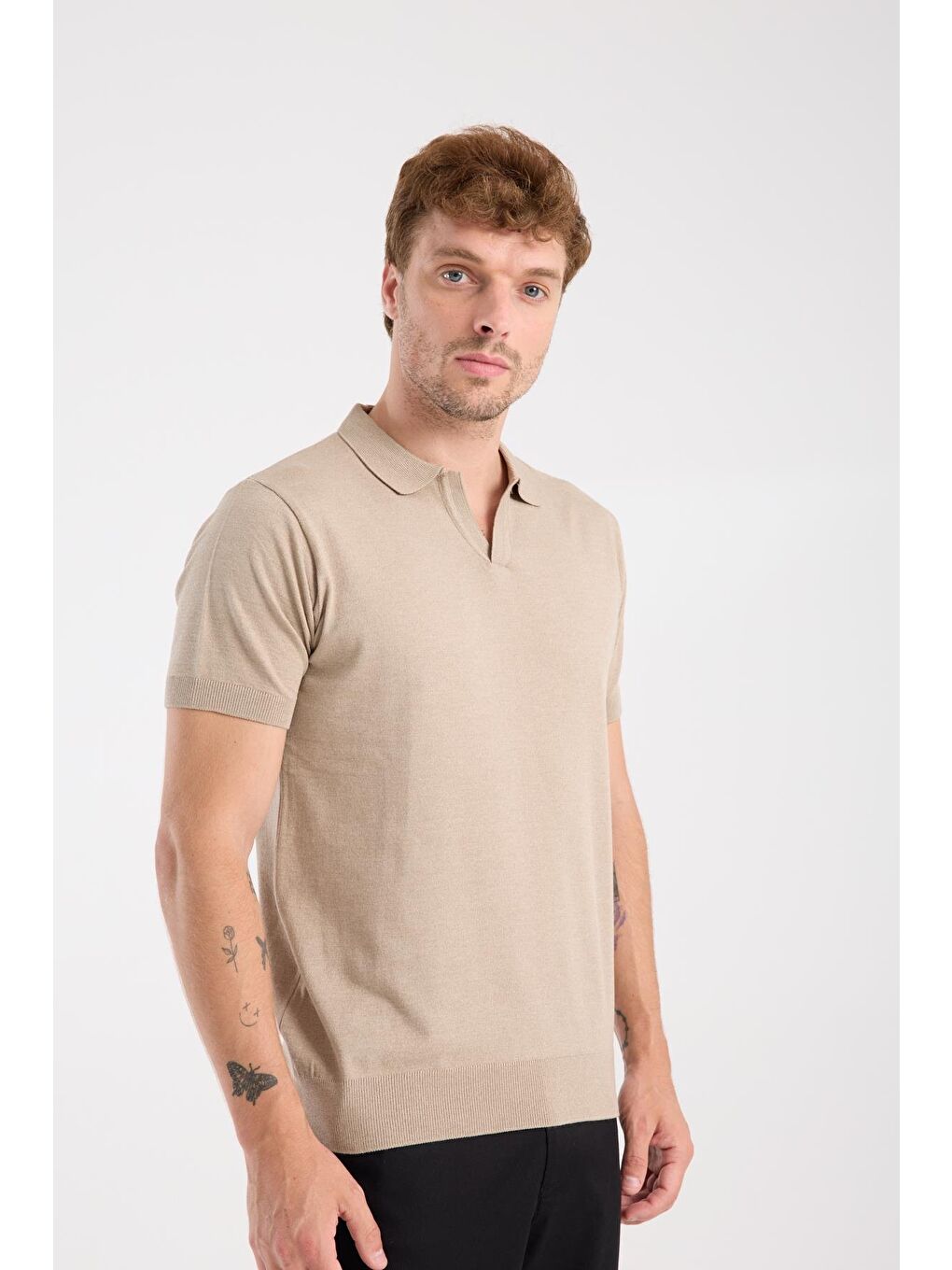 Bej Aclub Alfa Örme Kumaş Viskon Karışımlı Slim Fit Vizon Polo Yaka Erkek Düz Polo Shirt-3