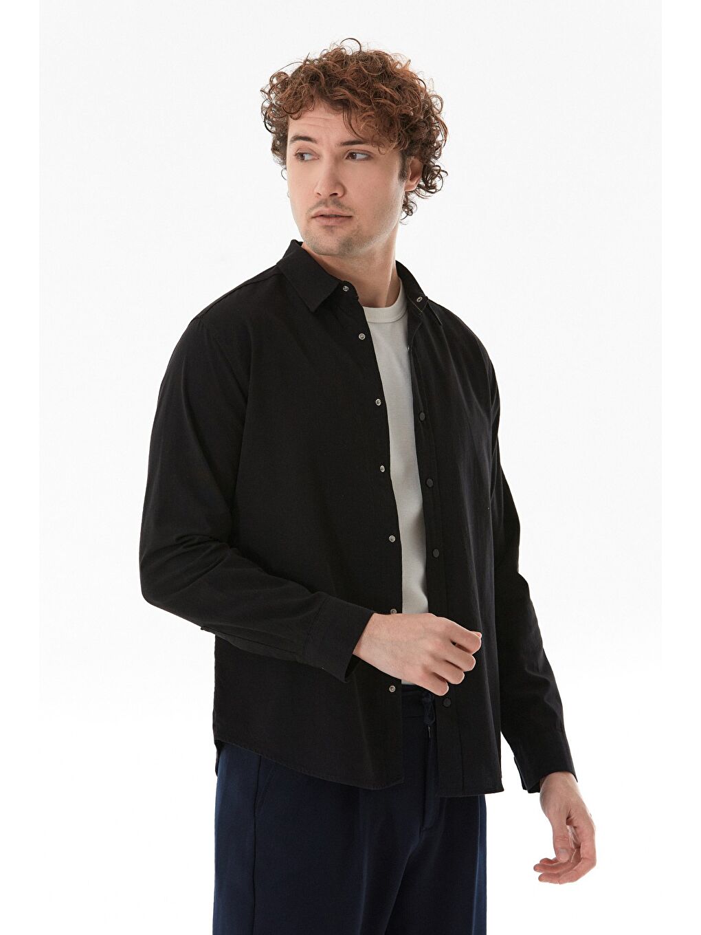 Siyah Basic Çıtçıtlı Gabardin %100 Pamuk Gömlek-1