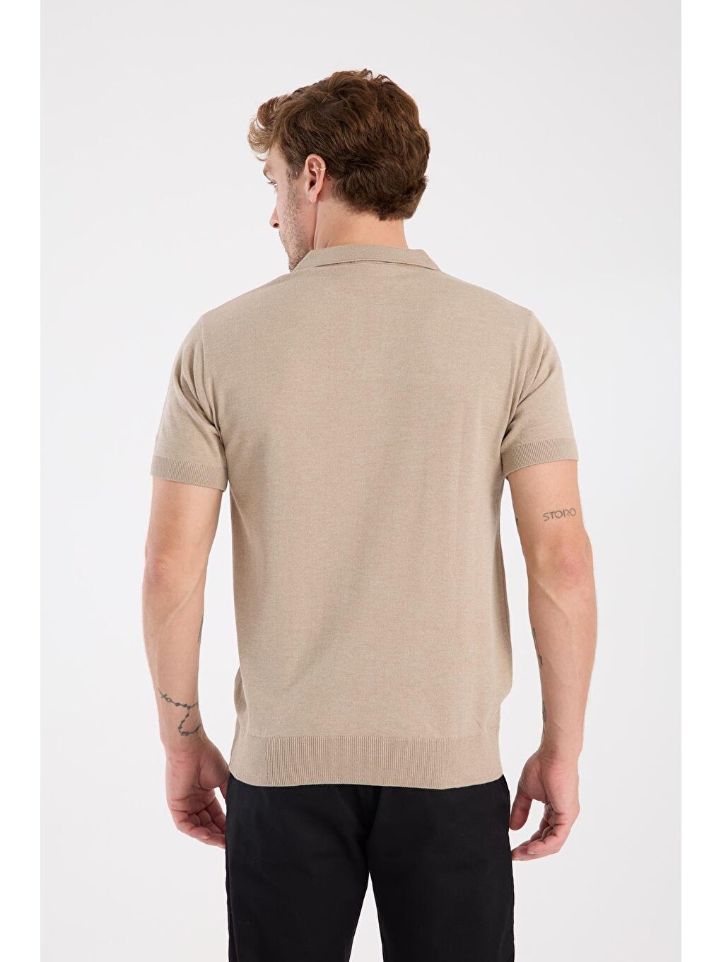 Bej Aclub Alfa Örme Kumaş Viskon Karışımlı Slim Fit Vizon Polo Yaka Erkek Düz Polo Shirt-5