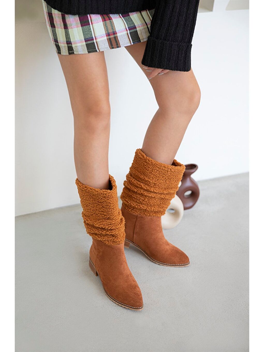 Kahverengi Sand Kadın Kürk Detay Süet Bot Taba